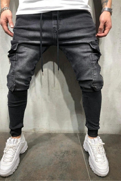 Modern Men Jeans Plain Dark Wash Mid-Rised Pocket Detail Zipper Placket Long Length Slim Fitted Jeans