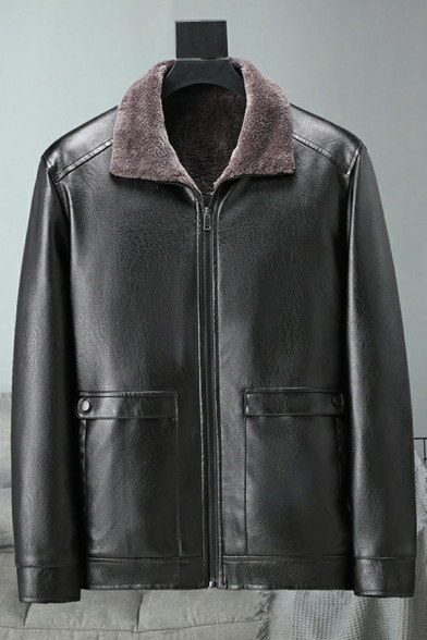 Simple Men's Leather Jacket Zip Fly Front Pocket Long Sleeves Regular Fit Leather Jacket