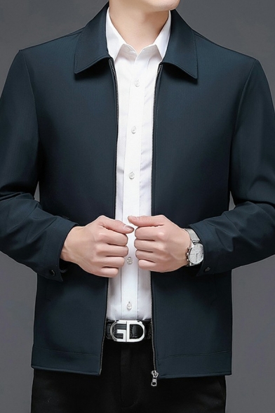 Simple Solid Color Mens Jacket Zip Closure Turn-Down Collar Long Sleeves Slim Cut Casual Jacket