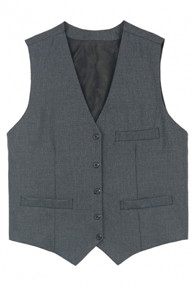 Street Look Mens Suit Vest Pure Color V-Neck Sleeveless Regular Fit Button Down Suit Vest