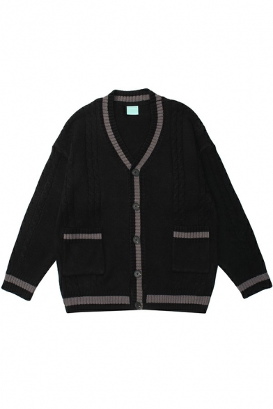 Stylish Guys Cardigan Contrast Panel V-Neck Button Up Cable Knit Long Sleeve Loose Fit Knitted Cardigan