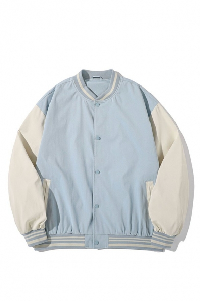 Stylish Mens Varsity Jacket Contrast Color Panel Button Closure Long Sleeve Loose Fit Jacket
