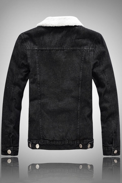Trendy Mens Jacket Pure Color Long Sleeves Lapel Collar Button Closure Denim Jacket with Pockets