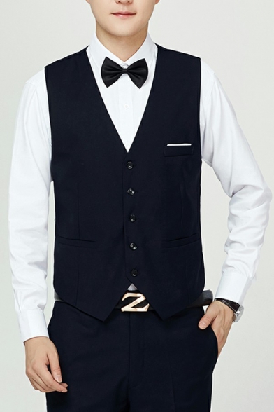Trendy Solid Color Mens Suit Vest V Neck Pocket Detail Button Closure Fitted Suit Vest