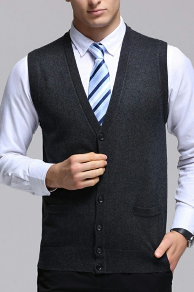Unique Mens Knit  Vest Pure Color Sleeveless V-Neck Slim Fit Vest