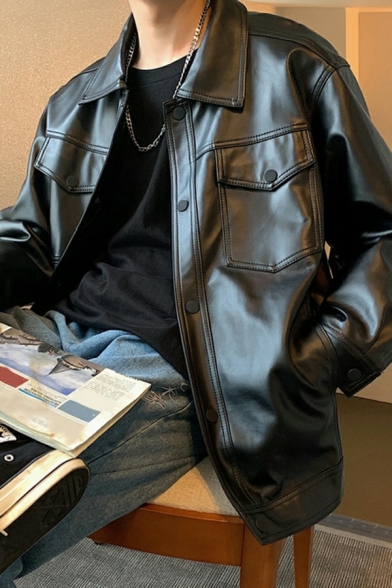 Vintage Mens Jacket Plain Flap Pocket Spread Collar Long Sleeve Relaxed Fit Zip Placket Leather Jacket
