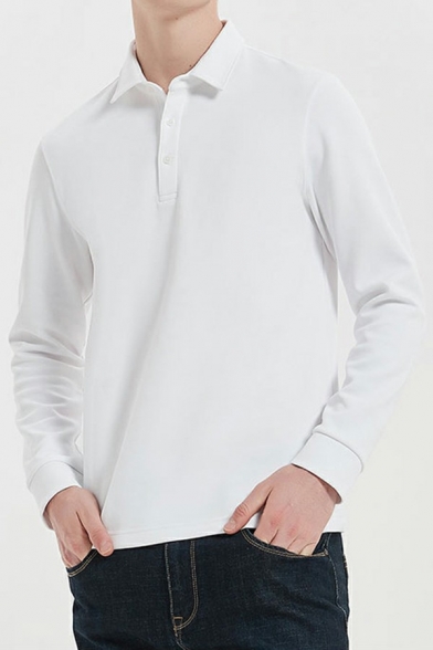 Warm Guys Polo Shirt Whole Colored Button Closure Turn-Down Collar Fit Long Sleeve Polo Shirt