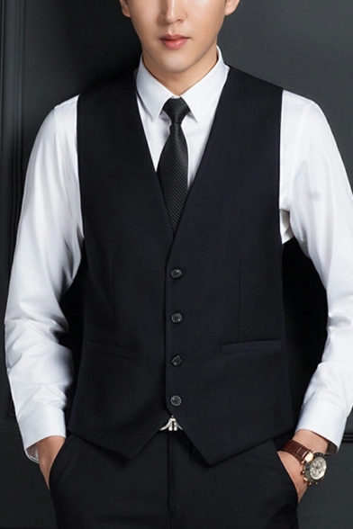 Basic Mens Plain Vest Pocket Decorated Button Closure V-Neck Slim Fitted Suit Vest