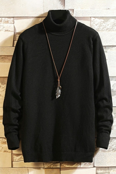 Basic Sweater Solid Color High Neck Long Sleeves Regular Fitted Pullover Sweater for Men