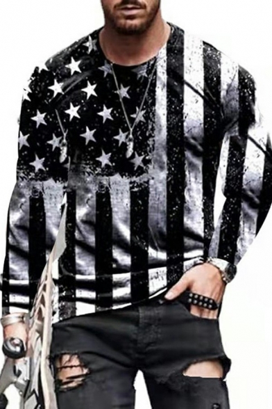 Boyish T-Shirt Eagle Pattern Round Neck Long Sleeves Fitted T-Shirt for Men