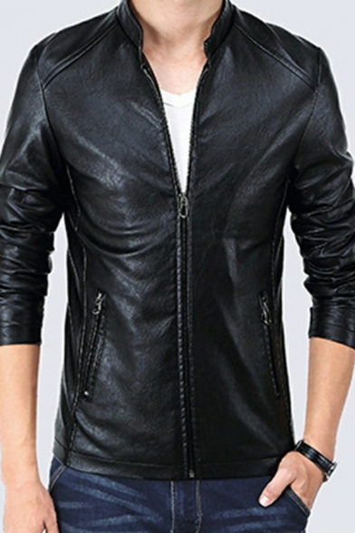 Chic Men Jacket Whole Colored Stand Collar Long-sleeved Slimming Zip Fly Leather Jacket