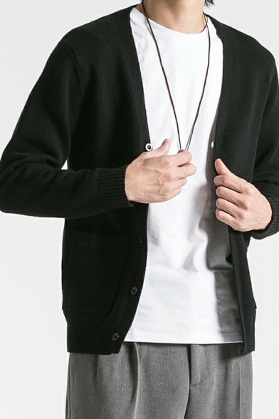 Creative Cardigan Whole Colored Long Sleeves Side Pocket Regular Cardigan for Guys