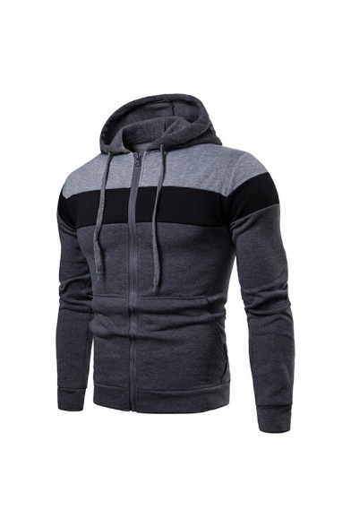 Dashing Contrast Panel Drawstring Zipper Placket Long Sleeve Slim Fitted Hoodie for Men