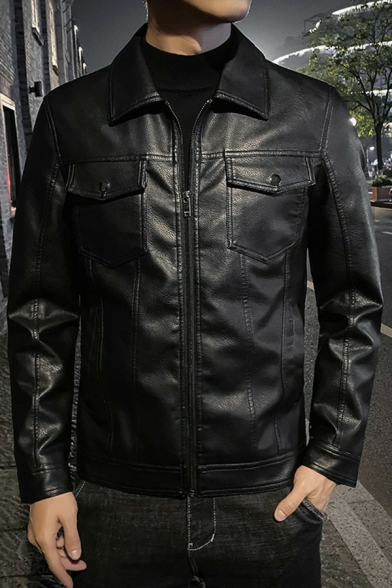 Elegant Guy's Jacket Whole Colored Chest Pocket Spread Collar Loose Fitted Leather Jacket