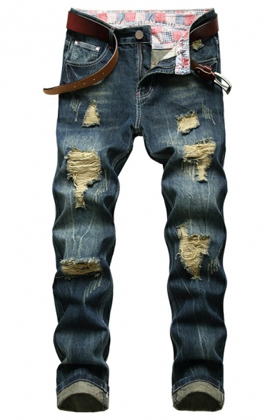 Elegant Jeans Faded Washed Distressed Detailed Mid Rise Full Length Fitted Zipper Jeans for Guys