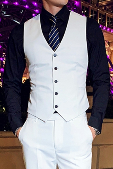 Fashion Mens Suit Vest Pure Color Button-up V-Neck Pocket Detailed Suit Vest