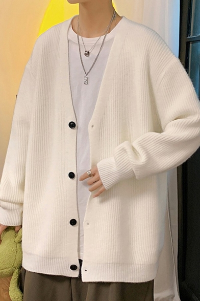 Guys Casual Plain Cardigan V-Neck Button Closure Ribbed Trim Long Sleeve Relaxed Fit Cardigan