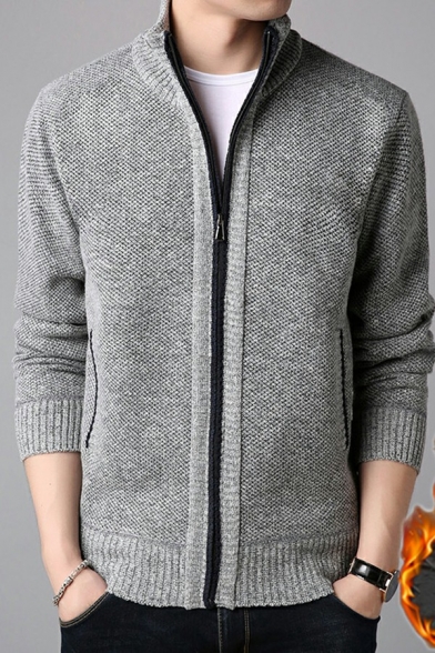 Guys Creative Cardigan Pure Color Pocket Detailed Stand Collar Relaxed Long Sleeves Zip Fly Cardigan