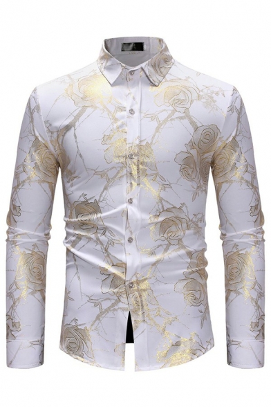 Guys Fancy Shirt Hot Stamping Floral Pattern Button Placket Turn-Down Collar Fit Long Sleeves Shirt
