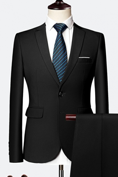 Guys Simple Suit Set Long-sleeved Lapel Collar Pocket Embellish Button Up Mid-Rised Pants Suit Set
