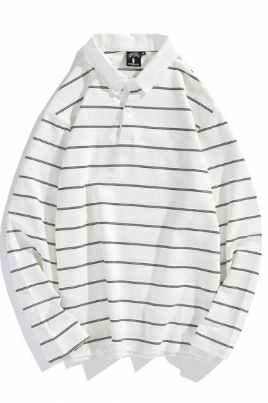 Hot Mens Polo Shirt Contrast Color Stripe Print Button Closure Baggy Long Sleeves Polo Shirt