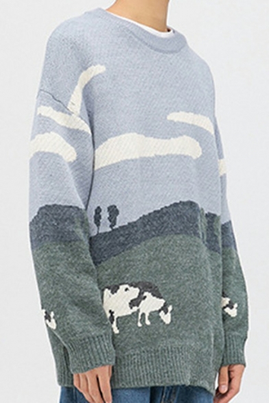 Leisure Sweater Cows Pattern Round Neck Rib Cuffs Long Sleeve Loose Sweater for Men