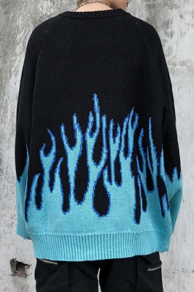 Men Cool Sweater Fire Pattern Round Neck Long-sleeved Oversized Sweater