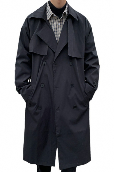 Men Leisure Coat Pure Color Lapel Collar Long-Sleeved Loose Fitted Double Breasted Trench Coat