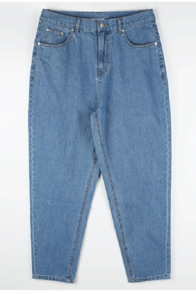 Men Retro Denim Pants Solid Color Zip-Fly Front Pocket Loose Long Denim Pants