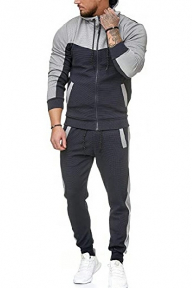 Men's Sporty Set Color Block Zipper Placket Drawstring Long Sleeve Slim Fitted Hoodie with Pants Set