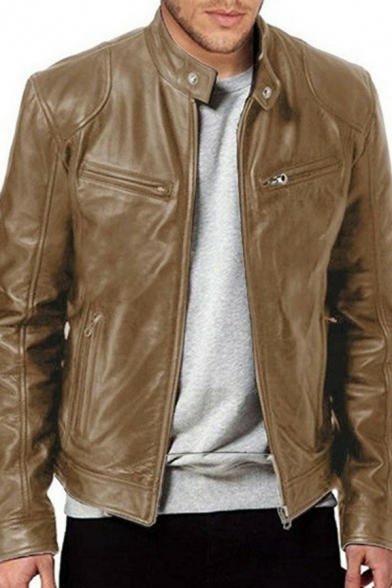 Men Stylish Jacket Plain Stand Collar Zipper Decoration Long-sleeved Zip-up Leather Jacket