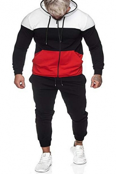 Men Urban Set Contrast Color Drawcord Regular Long-Sleeved Hooded Zip Fly Hoodie with Pants Co-ords