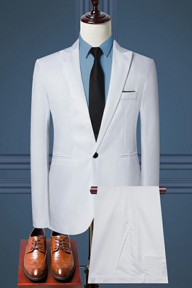Men Vintage Suit Set Pure Color Collar Pocket Detail Button-up Long-sleeved Pants Suit Set