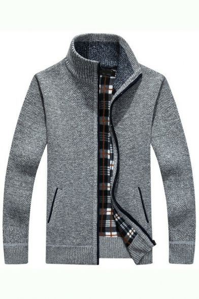 Men Warm Cardigan Solid Plaid Lined Stand Collar Pocket Embellish Zip Up Long Sleeves Cardigan