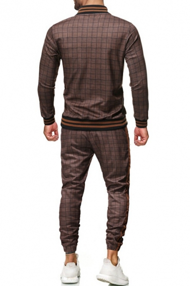 Pop Mens Set Plaid Pattern Contrast Hem Stand Collar Long-Sleeved Zip-up Jacket with Pants Slim Co-ords