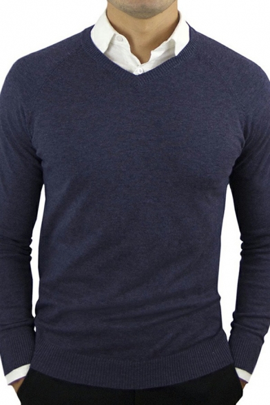 Pop Pullover Solid Color V-Neck Long Sleeve Slim Fit Pullover for Guys