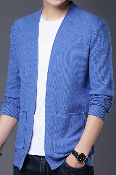 Simple Guys Cardigan Solid Color Ribbed Trim Collarless Long Sleeve Front Pocket Regular Fit Cardigan