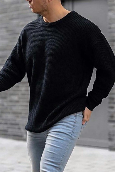 Simple Men's Sweater Pure Color Crew Neck Long Sleeve Loose Fitted Sweater
