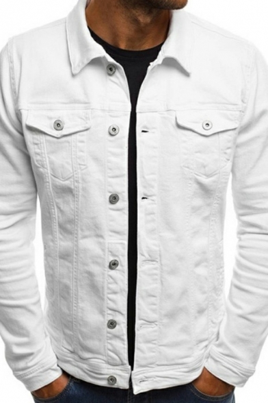 Simple Plain Men’s Jacket Spread Collar Flap Pockets Button Closure Slim Fit Denim Jacket