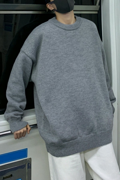 Soft Pullover Pure Color Long Sleeve Round Neck Baggy Pullover for Guys