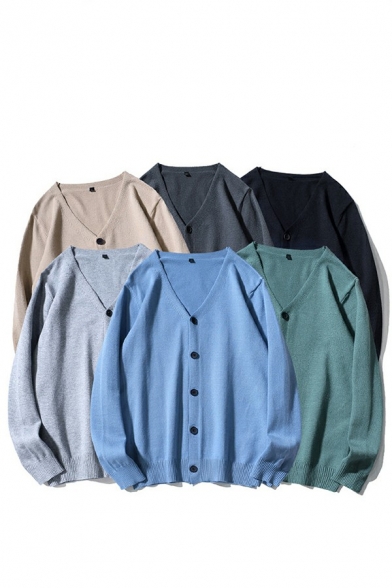 Stylish Mens Cardigan Plain Rib Cuffs Loose Fitted Long-Sleeved V-Neck Button Closure Cardigan