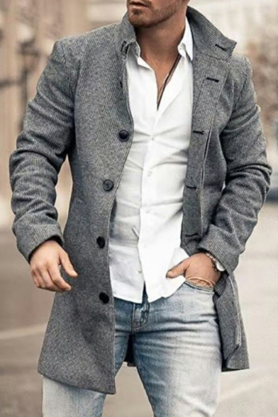 Stylish Mens Overcoat Solid Color Stand Collar Single Breasted Regular Fit Long Sleeve Overcoat