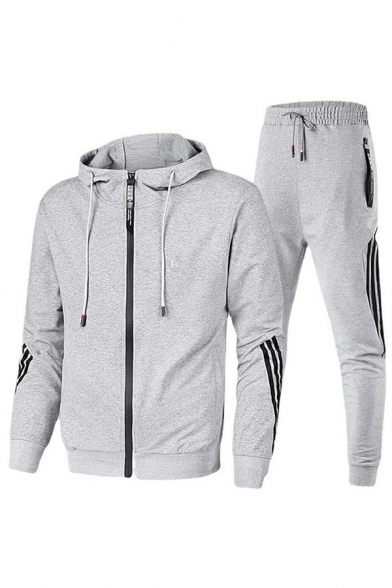 Urban Co-ords Striped Pattern Long Sleeve Hooded Zipper Hoodie with Drawcord Pants Slim Set for Men