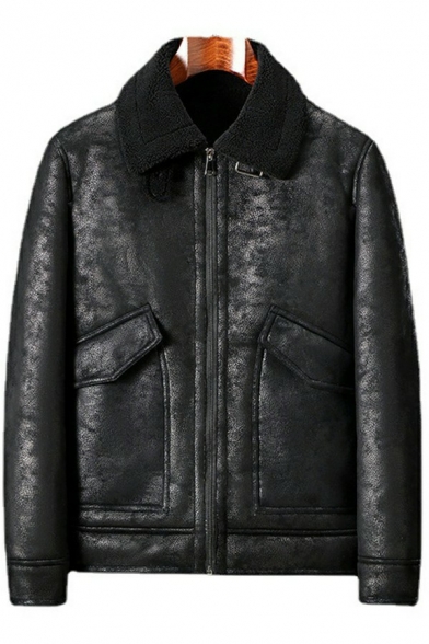 Warm Leather Jacket Pure Color Pouch Pocket Zip Up Long-Sleeved Regular Fit Leather Jacket for Men