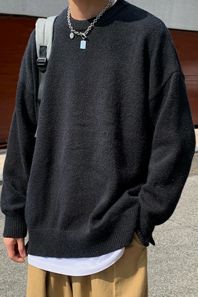 Baggy Guys Pullover Solid Round Neck Long Sleeve Oversized Pullover