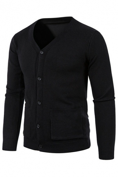 Basic Cardigan Whole Colored V-Neck Long Sleeves Slimming Button Decorate Cardigan for Guys