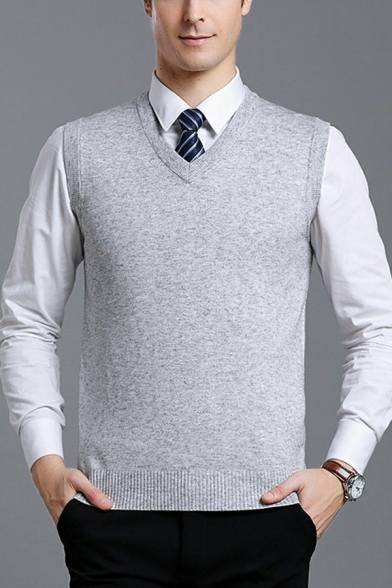 Basic Men's Vest Knitted Solid Color V-Neck Sleeveless Slim Fit Waistcoat