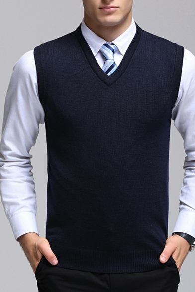 Basic Mens Plain Sweater V-Neck Ribbed Trim Sleeveless Slim Fitted Knit Vest