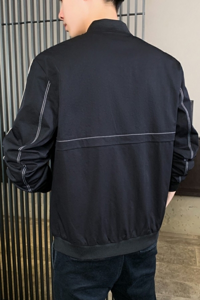 Boyish Bomber Jacket Striped Printed Stand Collar Full Zip Chest Pocket Long-Sleeved Loose Bomber Jacket for Men