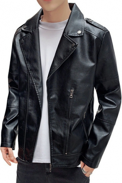 Boyish Guy's Jacket Whole Colored Zip Decoration Lapel Collar Relaxed Fitted Leather Jacket
